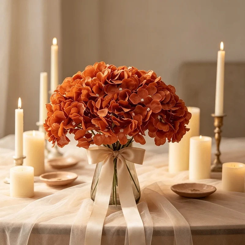 10 Stück Amber Karamell Hortensienblüten mit abnehmbaren Stielen, Seidenblumen für Hochzeitsdekoration, Sträuße, DIY Floral Dekor, Home Decor