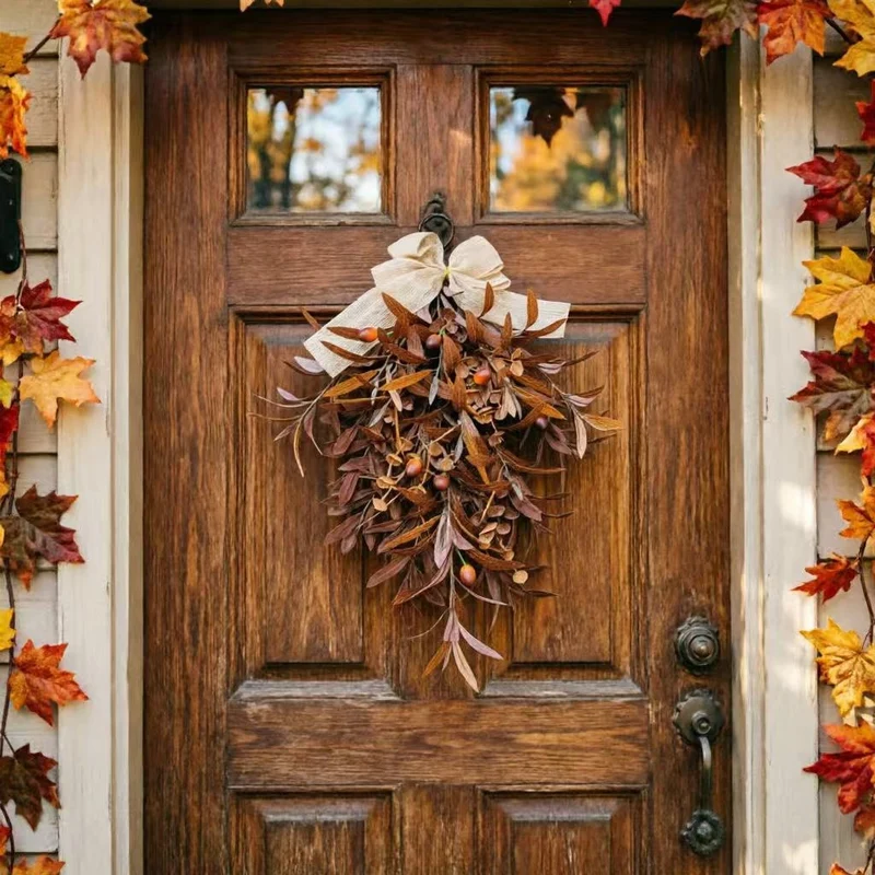 Olivenkranz Herbst 60cm, künstlicher Türkranz in Herbstfarben, lebensechte Deko für Haustür, Wand & Hochzeit, wetterbeständig