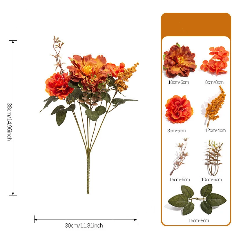 Künstlicher Blumenstrauß Herbstfarben, 38cm, Naturgetreuer Kunstblumenstrauß für Vase, Tischdeko, Hochzeit & Gastronomie, Seidenblumen