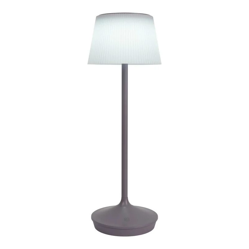 Solar-Akkutischleuchte "EMMI" 38 cm hoch, Schirm Ø 13 cm, Metall in Brombeer und weißer Kunststoff, für den Außenbereich, dimmbar CCT.