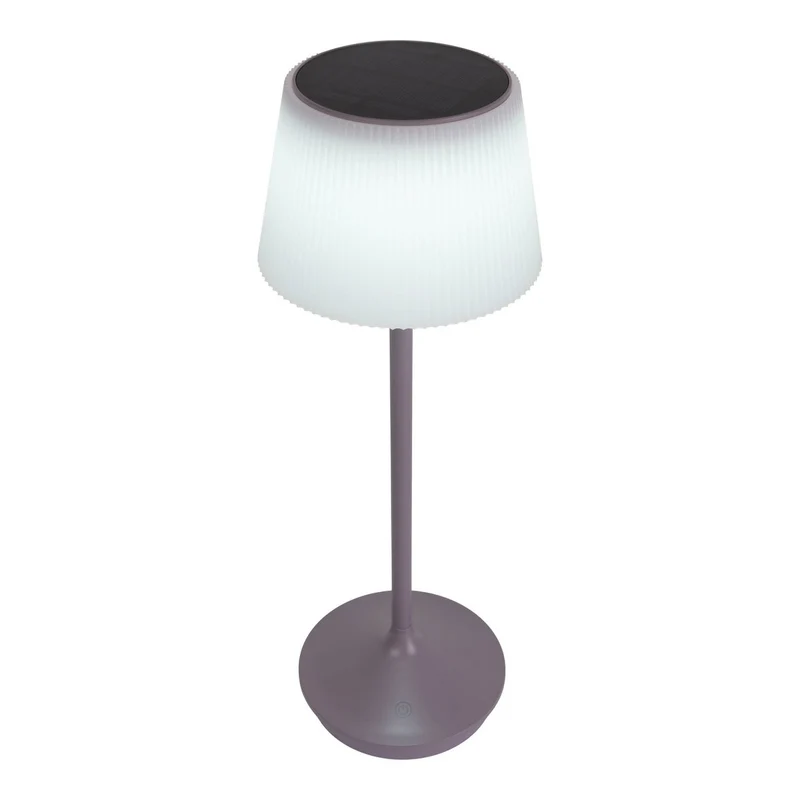 Solar-Akkutischleuchte "EMMI" 38 cm hoch, Schirm Ø 13 cm, Metall in Brombeer und weißer Kunststoff, für den Außenbereich, dimmbar CCT.