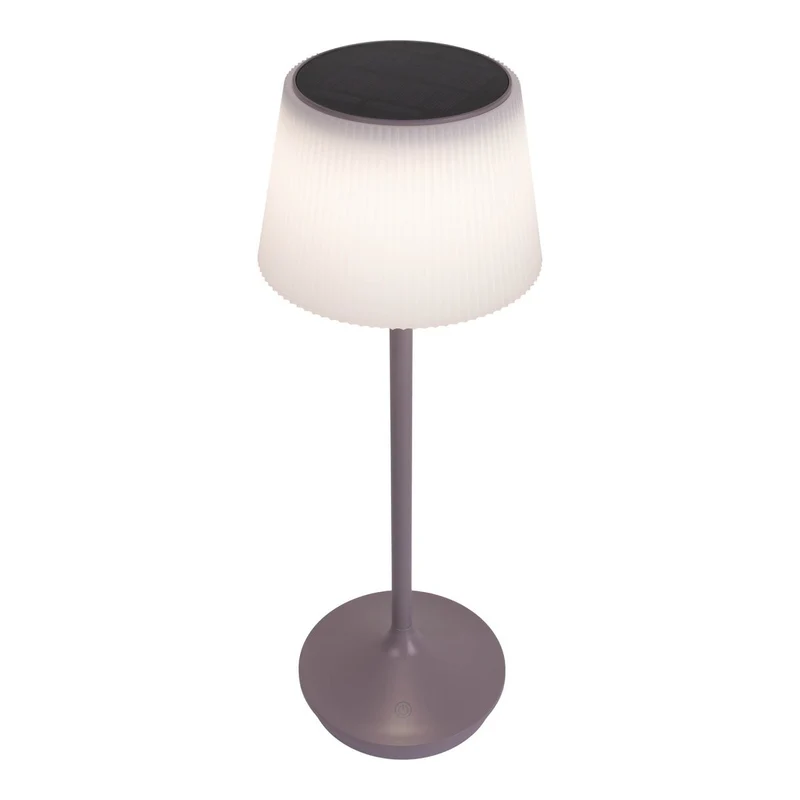 Solar-Akkutischleuchte "EMMI" 38 cm hoch, Schirm Ø 13 cm, Metall in Brombeer und weißer Kunststoff, für den Außenbereich, dimmbar CCT.