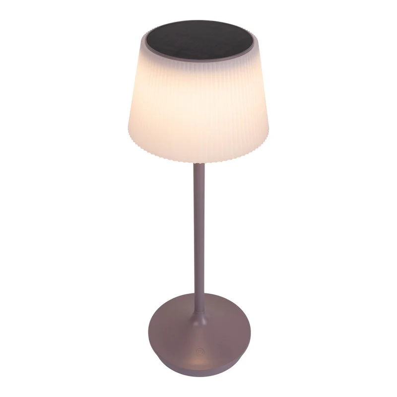 Solar-Akkutischleuchte "EMMI" 38 cm hoch, Schirm Ø 13 cm, Metall in Brombeer und weißer Kunststoff, für den Außenbereich, dimmbar CCT.