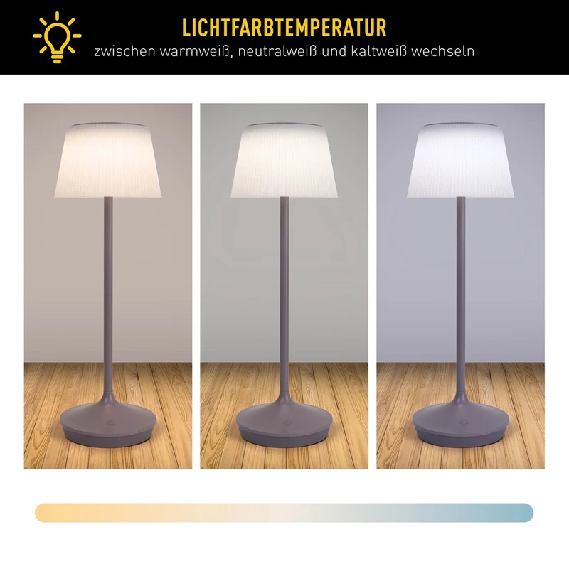 Solar-Akkutischleuchte "EMMI" 38 cm hoch, Schirm Ø 13 cm, Metall in Brombeer und weißer Kunststoff, für den Außenbereich, dimmbar CCT.