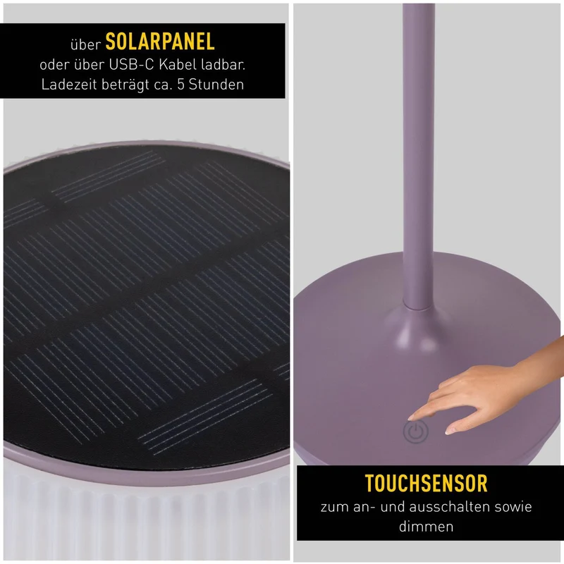 Solar-Akkutischleuchte "EMMI" 38 cm hoch, Schirm Ø 13 cm, Metall in Brombeer und weißer Kunststoff, für den Außenbereich, dimmbar CCT.