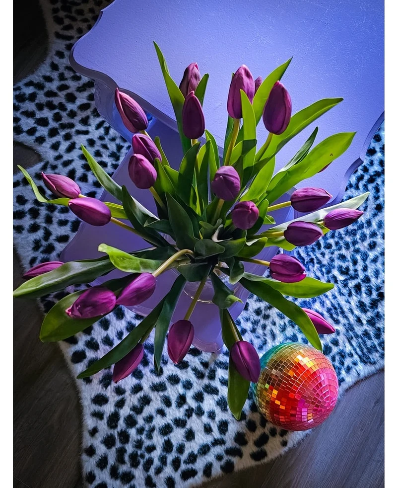 Zijden kunstboeket Tulpen in vaas Paars