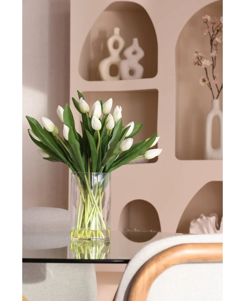 Zijden kunstboeket Tulpen in vaas Wit