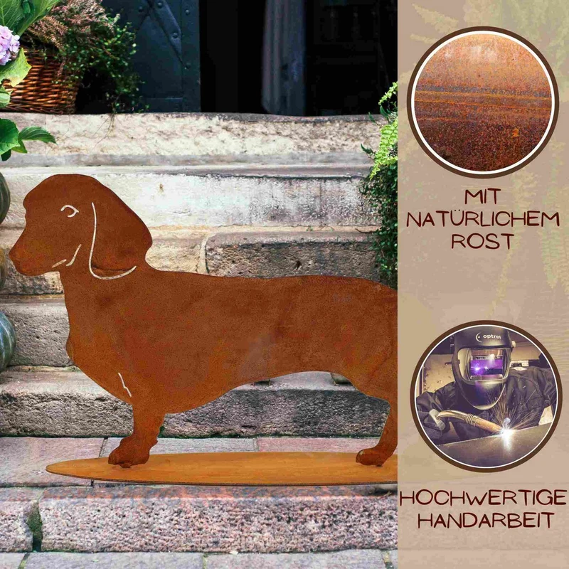 Edelrost-Dackel „Waldi“ als Gartenfigur