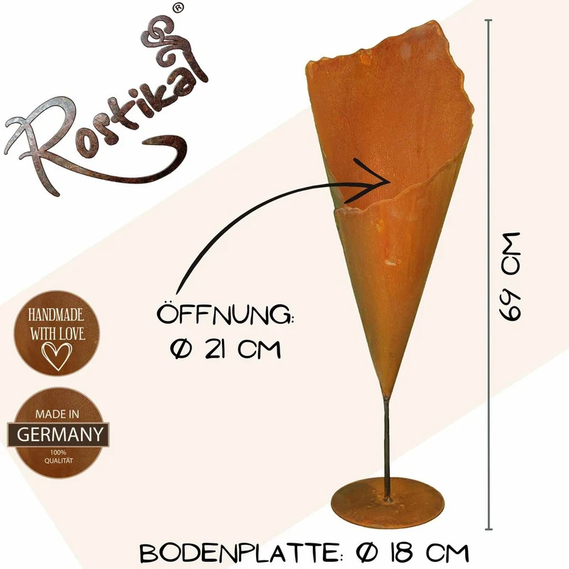 Pflanztüte „Blooming" auf Stab – Edelrost Pflanzvase für Eingang und Beet