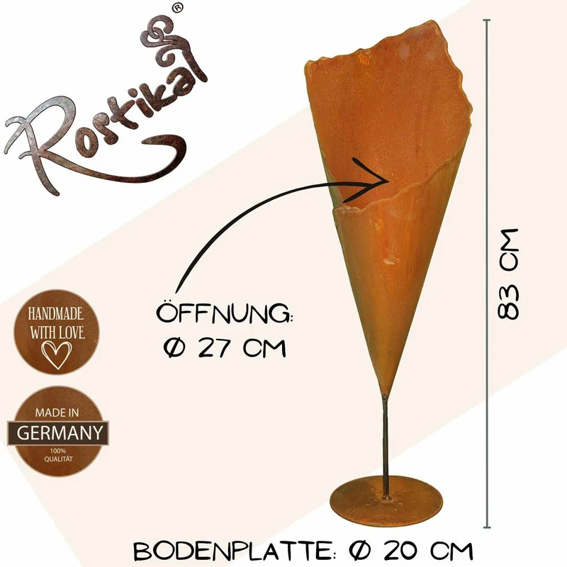 Pflanztüte „Blooming" auf Stab – Edelrost Pflanzvase für Eingang und Beet