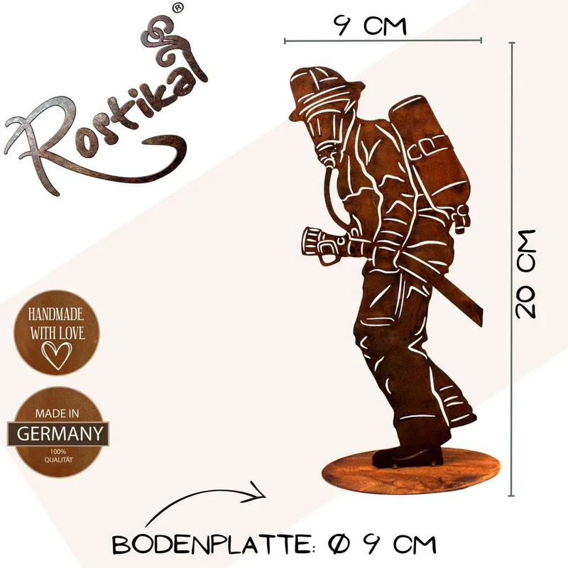 Feuerwehrmann Dekofigur auf Bodenplatte | Edelrost Metalldeko