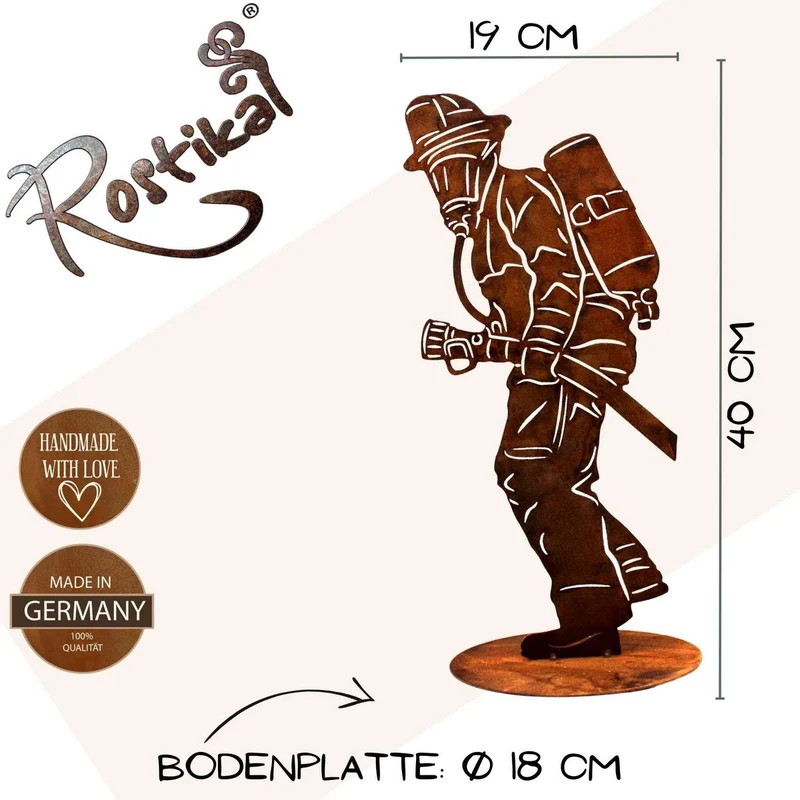 Feuerwehrmann Dekofigur auf Bodenplatte | Edelrost Metalldeko