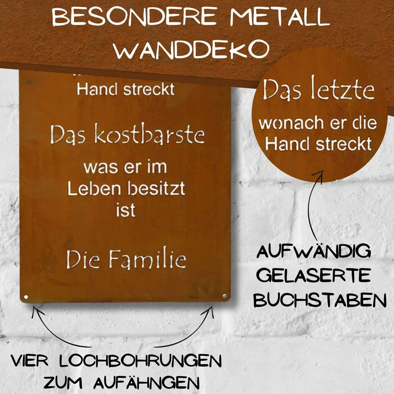 Rost Spruchtafel "Familie" Edelrost Metalldeko Tafel zum Hängen