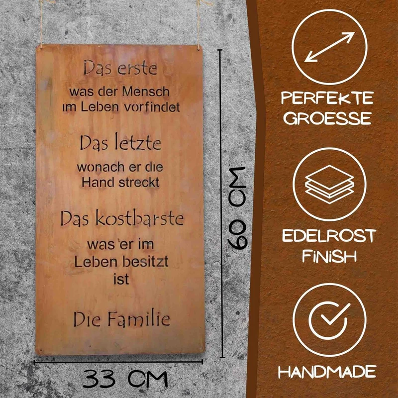 Rost Spruchtafel "Familie" Edelrost Metalldeko Tafel zum Hängen