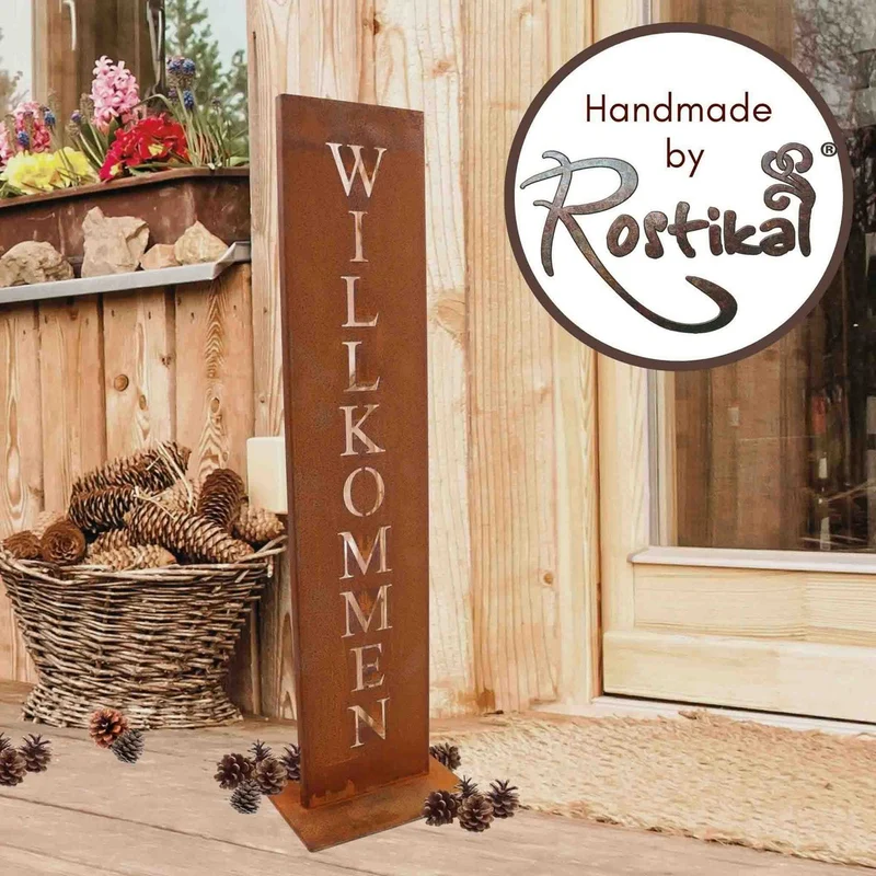 Willkommen-Schild auf Ständer | Edelrost Gartendeko