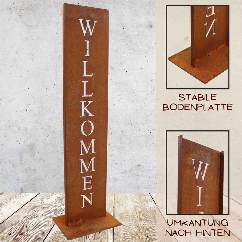 Willkommen-Schild auf Ständer | Edelrost Gartendeko