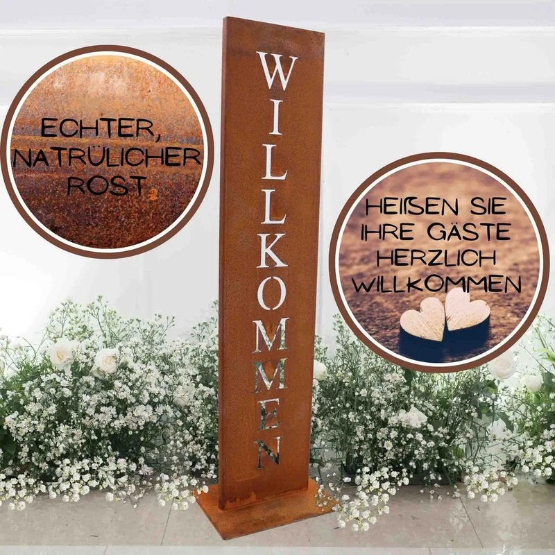 Willkommen-Schild auf Ständer | Edelrost Gartendeko