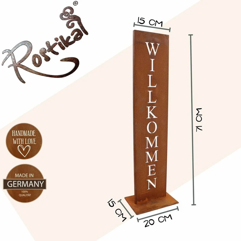 Willkommen-Schild auf Ständer | Edelrost Gartendeko