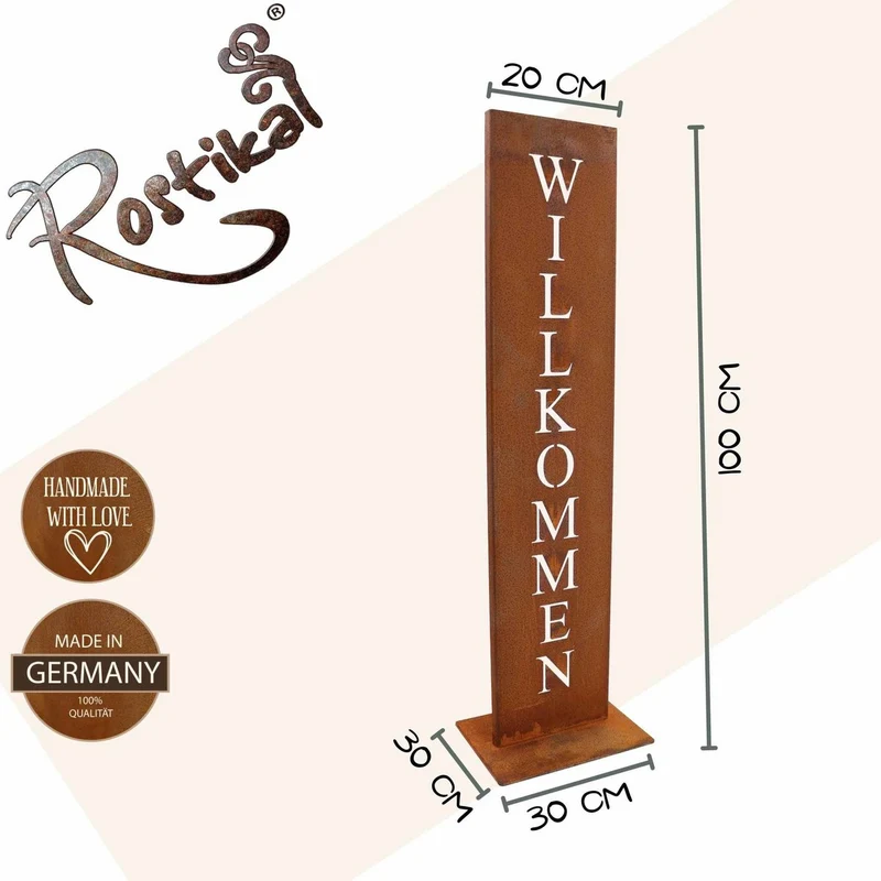 Willkommen-Schild auf Ständer | Edelrost Gartendeko