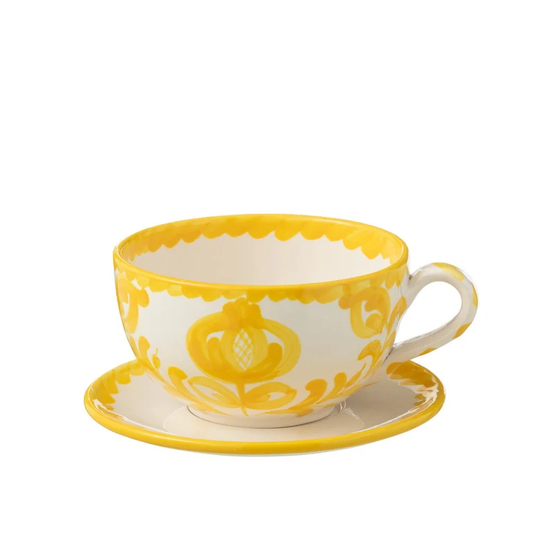 Tasse mit Unterteller Granada aus Keramik, Weiß-Gelb