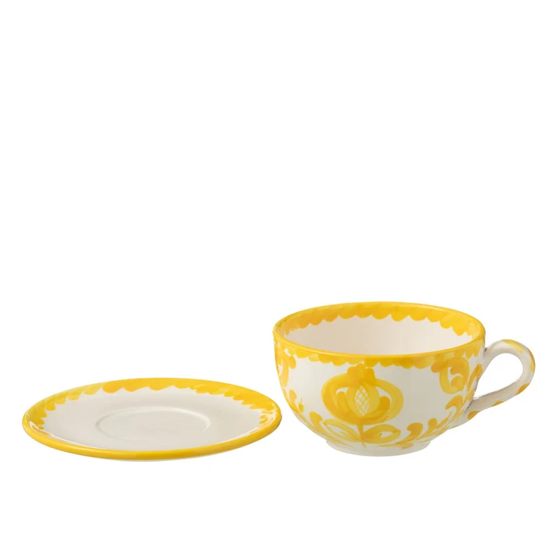 Tasse mit Unterteller Granada aus Keramik, Weiß-Gelb