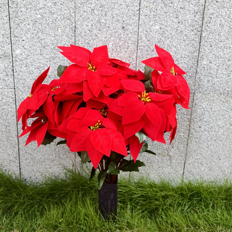 60 cm Weihnachtsdekoration Künstliche Friedhofsblumen Poinsettie mit Vase – 24 Blüten, UV-beständig für Draußen/Grabstätten, Weatherfest