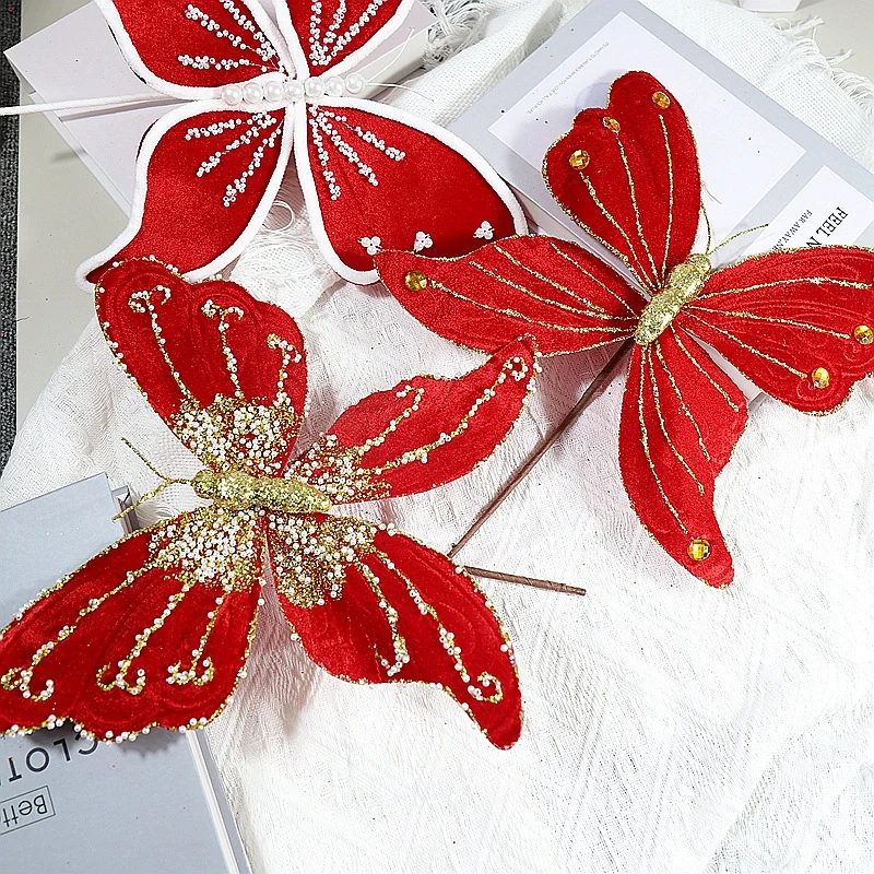 25 cm Glitzernde Weihnachts-Schmetterlingsstiele für Weihnachts- & Neujahrsdekoration – passend für Weihnachtsbäume & Kränze