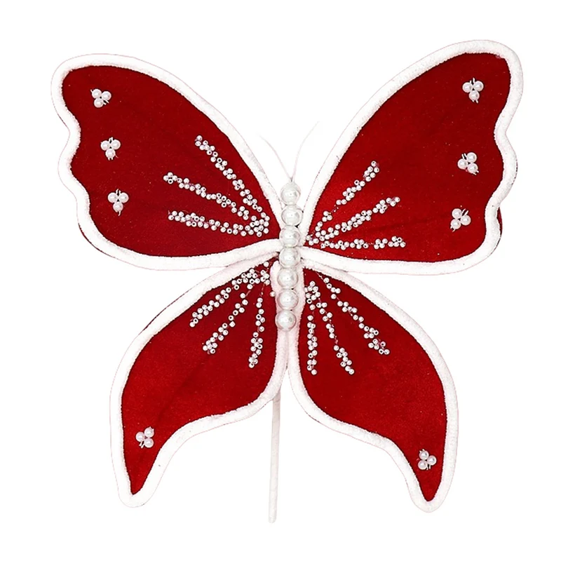 25 cm Glitzernde Weihnachts-Schmetterlingsstiele für Weihnachts- & Neujahrsdekoration – passend für Weihnachtsbäume & Kränze