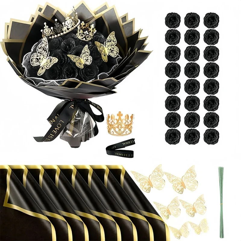24 Glitzer-Rosen Brautstrauß mit Krone - Künstlicher Hochzeitsstrauß Gold/Silber für Braut
