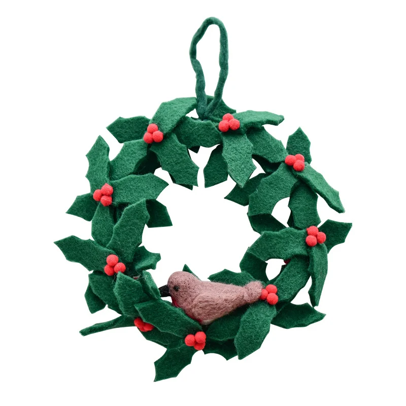 20 cm Exklusiver handgemachter Filz-Weihnachtskranz in Dunkelgrün mit roten Beeren und Rotkehlchen – typische skandinavische Deko für die gemütliche Herbst-, Winter- und Weihnachtszeit