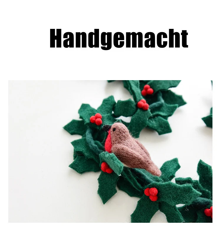 20 cm Exklusiver handgemachter Filz-Weihnachtskranz in Dunkelgrün mit roten Beeren und Rotkehlchen – typische skandinavische Deko für die gemütliche Herbst-, Winter- und Weihnachtszeit