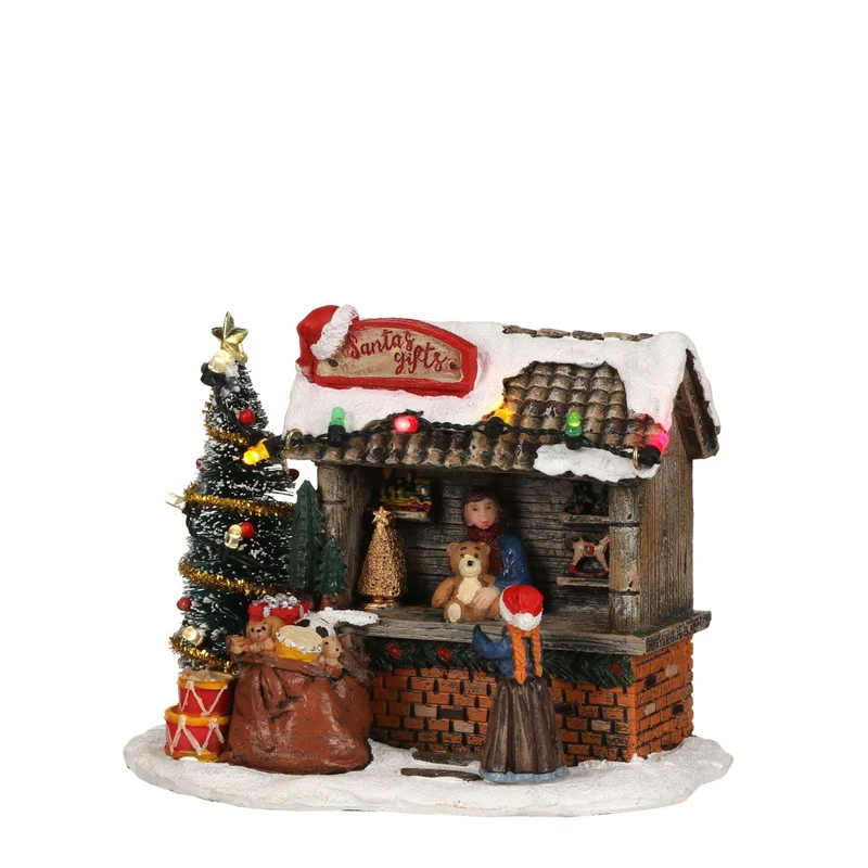 Weihnachtsdorf Miniatur-Geschenkstand mit Weihnachtsmann-Geschenken – L 14 x B 9 x H 11 cm