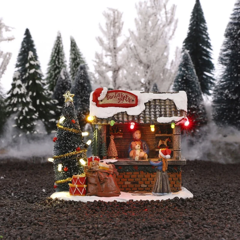 Weihnachtsdorf Miniatur-Geschenkstand mit Weihnachtsmann-Geschenken – L 14 x B 9 x H 11 cm