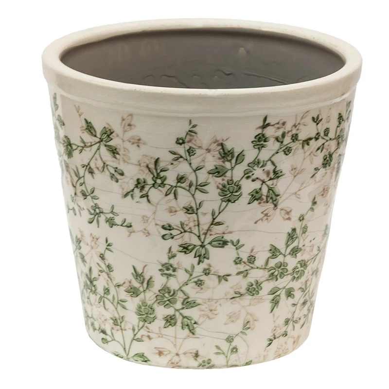 Keramik-Blumentopf Ø 22 cm, Grün-Beige mit Blumenmotiv