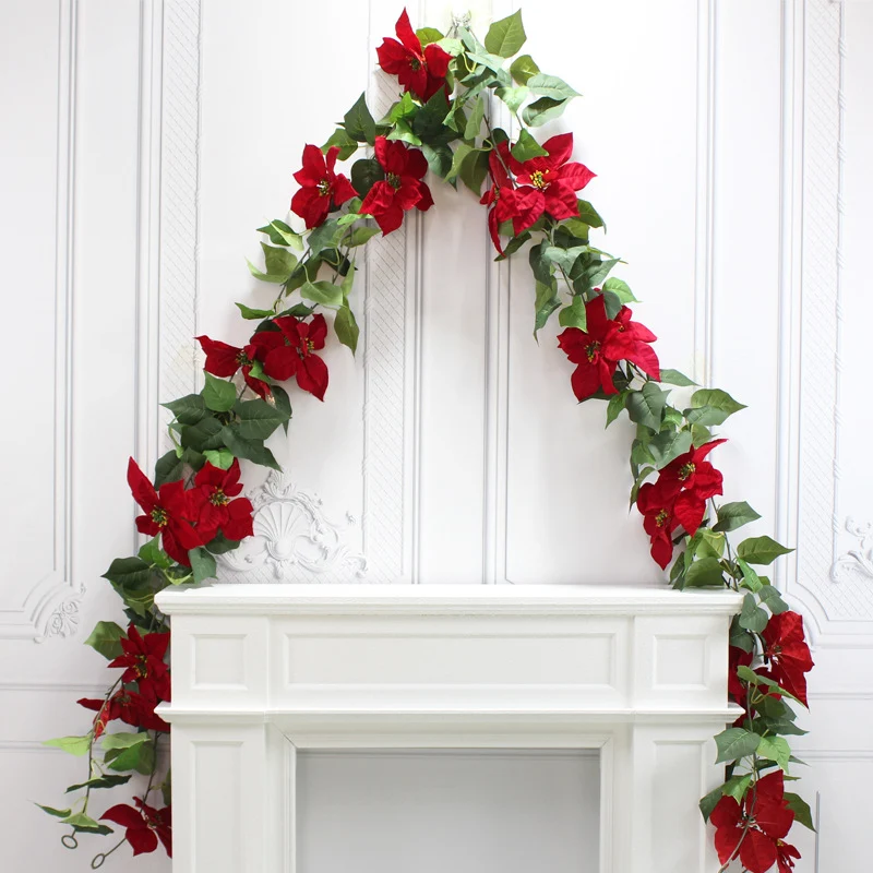 2 Stück 180cm Künstliche Poinsettienranke - Weihnachtsgirlande Festliche Hängedekoration
