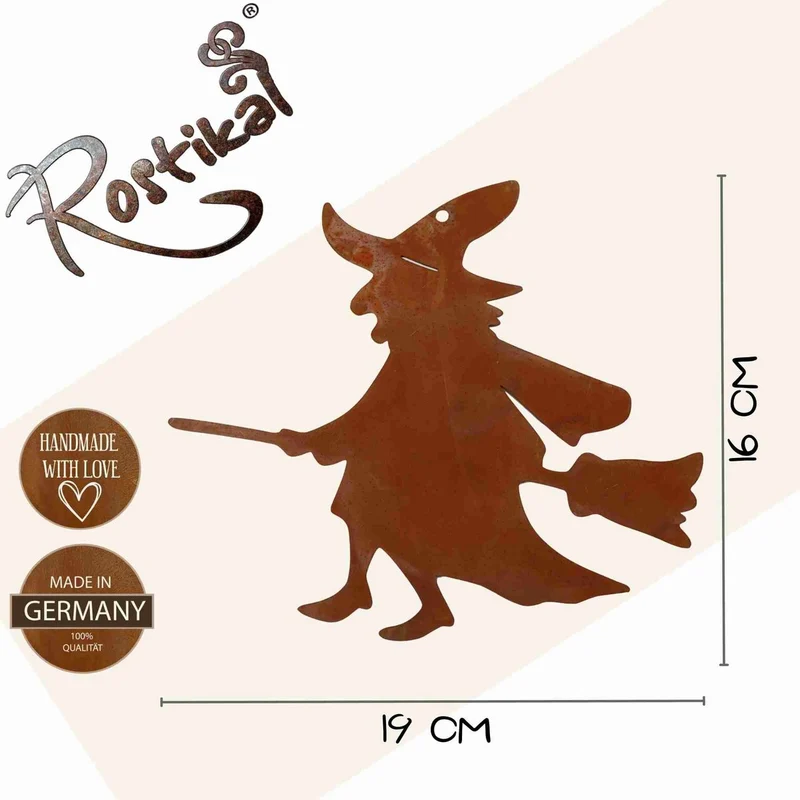 Edelrost Hexe aus Metall – Herbstdeko zum Hängen oder auf Stab