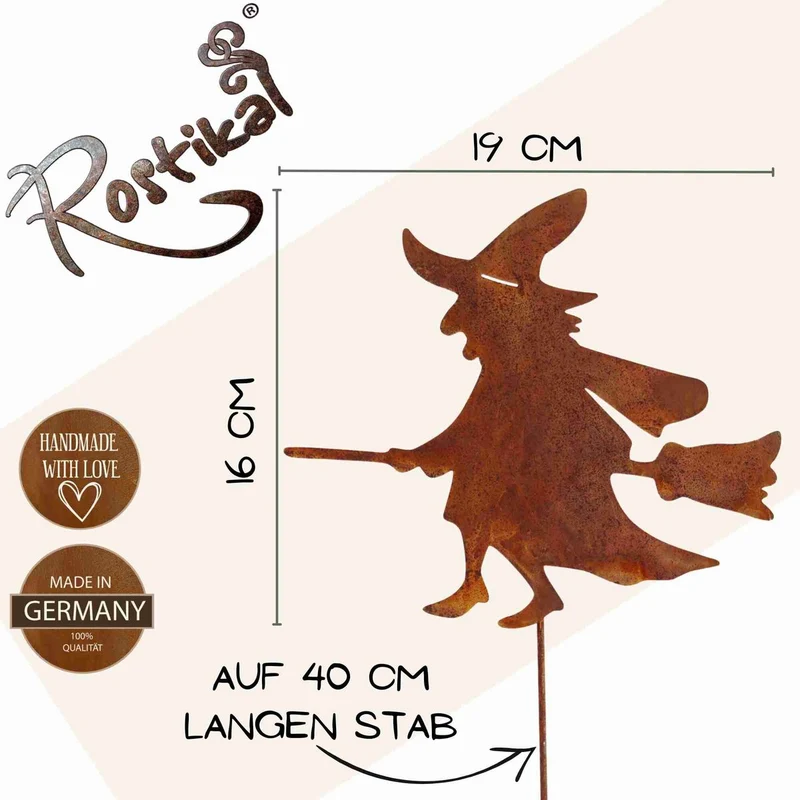 Edelrost Hexe aus Metall – Herbstdeko zum Hängen oder auf Stab