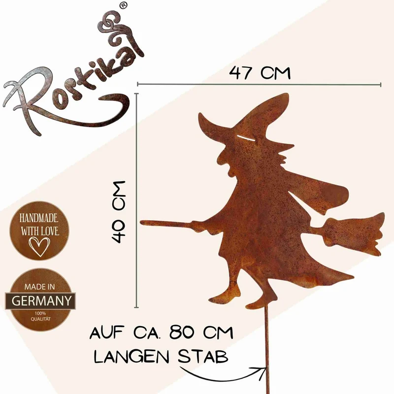 Edelrost Hexe aus Metall – Herbstdeko zum Hängen oder auf Stab