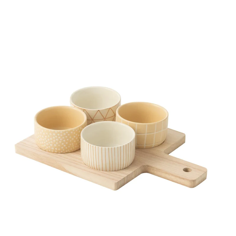 Tapasservies 4 Sets mit Bambusschale in Box, Creme/Weiß