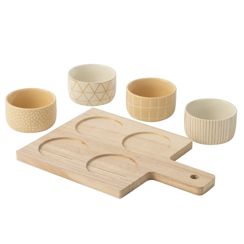 Tapasservies 4 Sets mit Bambusschale in Box, Creme/Weiß