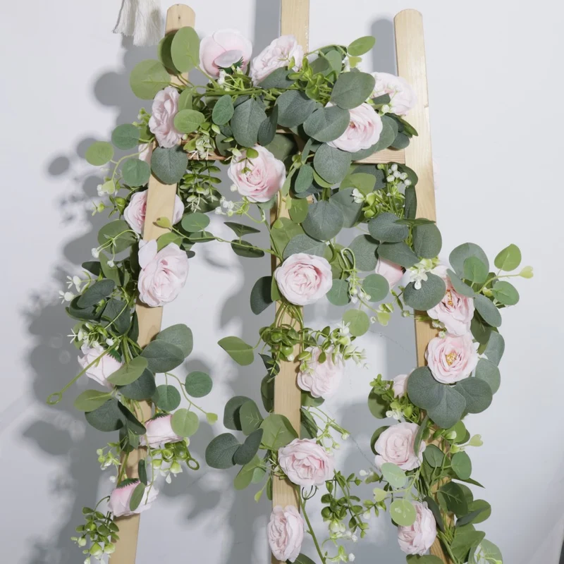 2PCS 1.7m Künstliche Blumengirlande Eukalyptus Girlande mit Pfingstrosen Künstlich Blumengirlande Deko Kunstblumen Seidenblumen Frühling Girlande für Outdoor Indoor Hochzeit