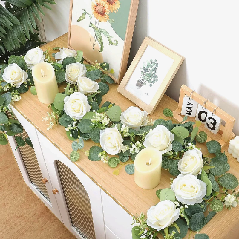 2PCS 1.7m Künstliche Blumengirlande Eukalyptus Girlande mit Pfingstrosen Künstlich Blumengirlande Deko Kunstblumen Seidenblumen Frühling Girlande für Outdoor Indoor Hochzeit