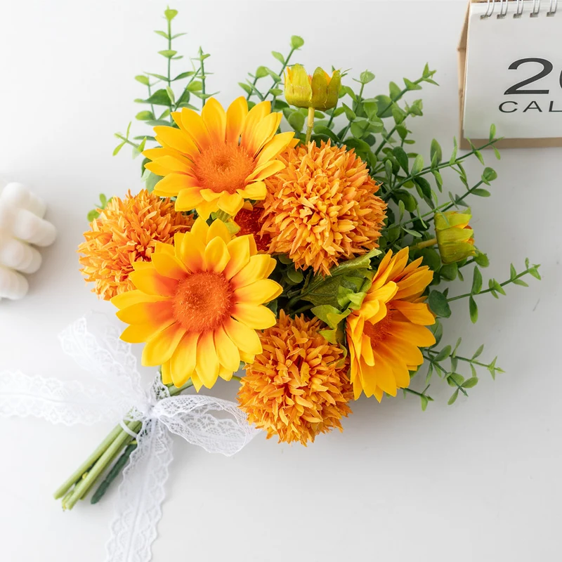 35cm Bukett aus Sonnenblumen, Chrysanthemen (Kugelform) und Eukalyptus Realistische Kunstblume für Blumenarrangements, Home Decor, Hochzeitsbuketen, DIY-Handwerksprojekte