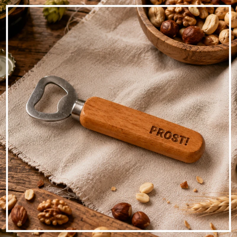 Flaschenöffner "Prost!" aus Holz und Edelstahl