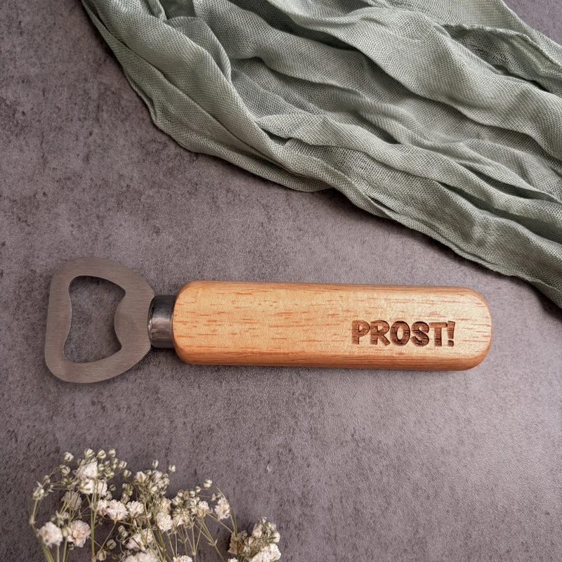 Flaschenöffner "Prost!" aus Holz und Edelstahl
