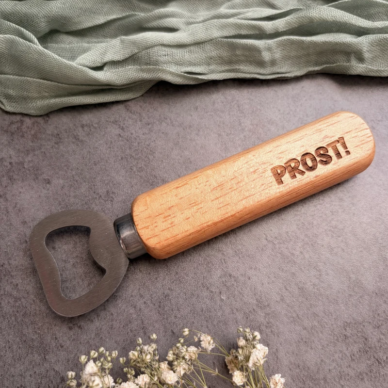 Flaschenöffner "Prost!" aus Holz und Edelstahl