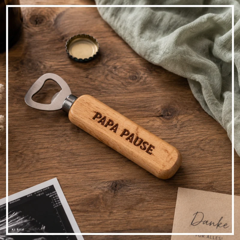 Flaschenöffner "Papa Pause" aus Holz und Edelstahl