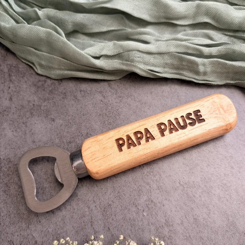 Flaschenöffner "Papa Pause" aus Holz und Edelstahl