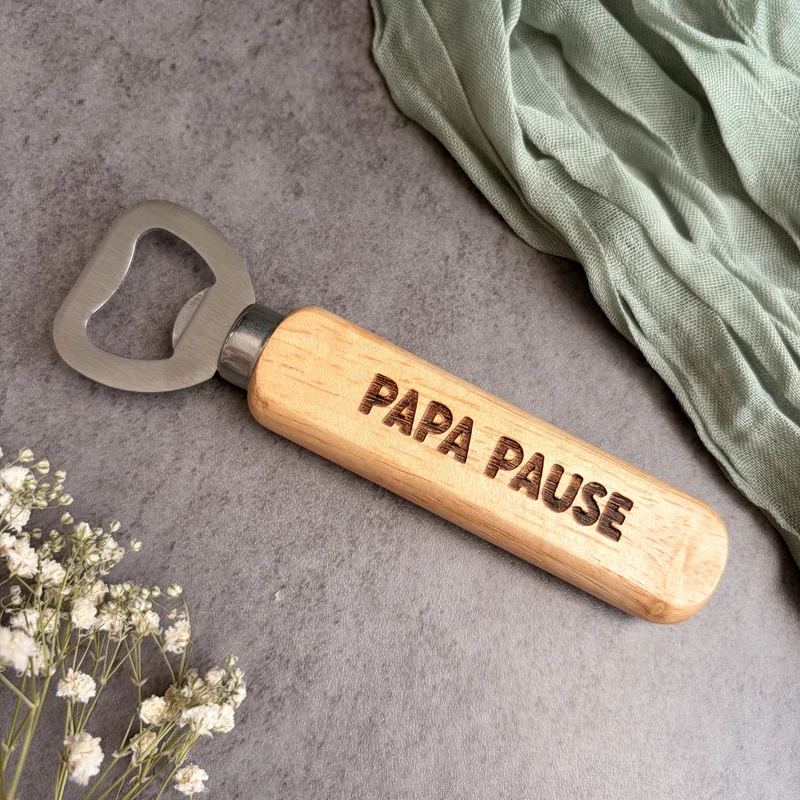 Flaschenöffner "Papa Pause" aus Holz und Edelstahl