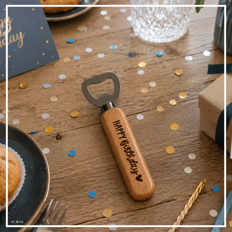 Flaschenöffner "Happy Birthday" – Geburtstagsgeschenk aus Holz und Edelstahl